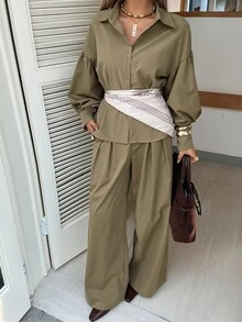 DAZY Women's Autumn Casual Shirt And Pants 2 Pieces Set - Army Green - View 4