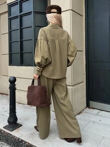 DAZY Women's Autumn Casual Shirt And Pants 2 Pieces Set - Army Green - View 2