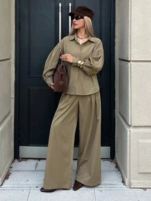 DAZY Women's Autumn Casual Shirt And Pants 2 Pieces Set - Army Green - View 6