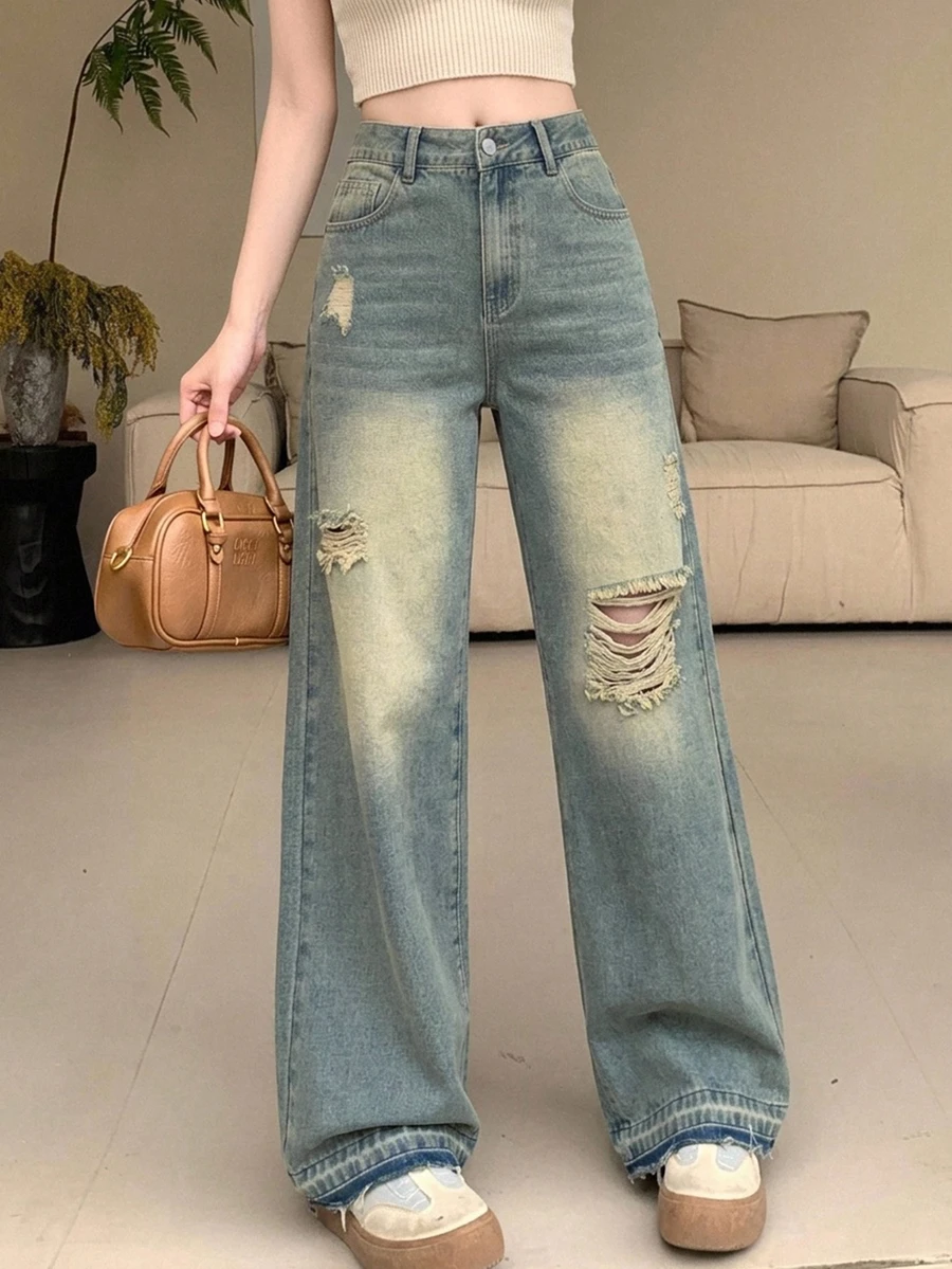 Dazy Tall Women's Loose Straight Ripped Casual Denim Jeans, Tall Women Cute Tops - Light Wash - View 1