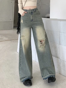 Dazy Tall Women's Loose Straight Ripped Casual Denim Jeans, Tall Women Cute Tops - Light Wash - View 7