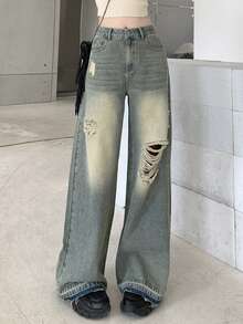 Dazy Tall Women's Loose Straight Ripped Casual Denim Jeans, Tall Women Cute Tops - Light Wash - View 5