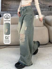 Dazy Tall Women's Loose Straight Ripped Casual Denim Jeans, Tall Women Cute Tops - Light Wash - View 11