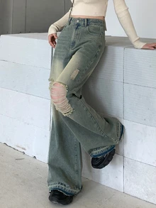 Dazy Tall Women's Loose Straight Ripped Casual Denim Jeans, Tall Women Cute Tops - Light Wash - View 4