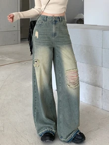 Dazy Tall Women's Loose Straight Ripped Casual Denim Jeans, Tall Women Cute Tops - Light Wash - View 8