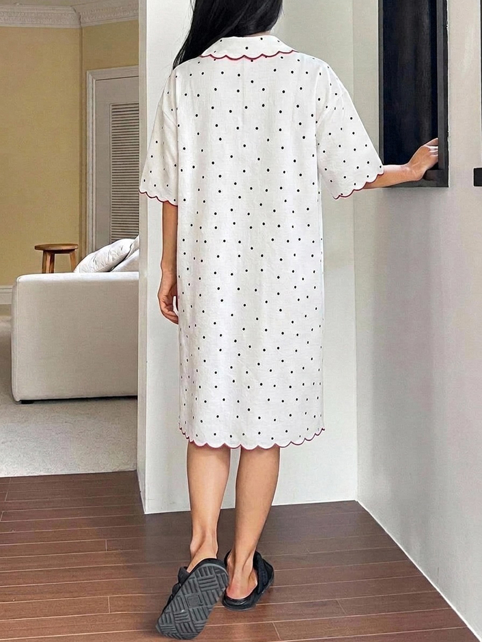Women's Polka Dot All-Over Print Wavy Collar Cardigan Short Sleeve Short Dress Nightgown