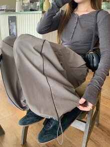 DAZY 女款素色休閒百搭日常穿著長褲 秋季 - 卡其色 - 查看 4