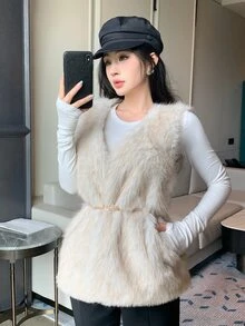DAZY 女款素色時尚百搭冬季人造毛大衣 秋冬款 - 米色 - 查看 4