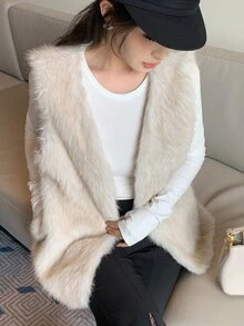 DAZY 女款素色時尚百搭冬季人造毛大衣 秋冬款 - 米色 - 查看 5