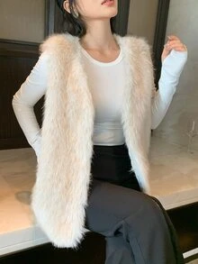 DAZY 女款素色時尚百搭冬季人造毛大衣 秋冬款 - 米色 - 查看 7