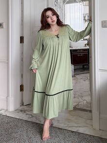 Dazy Plus Contrast Lace Bow Decor Loose Mid-Length Loungewear Nightgown For Spring Summer Autumn - Mint Green - View 7