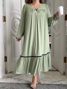 Dazy Plus Contrast Lace Bow Decor Loose Mid-Length Loungewear Nightgown For Spring Summer Autumn - Mint Green - View 5