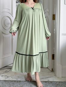 Dazy Plus Contrast Lace Bow Decor Loose Mid-Length Loungewear Nightgown For Spring Summer Autumn - Mint Green - View 6