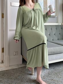 Dazy Plus Contrast Lace Bow Decor Loose Mid-Length Loungewear Nightgown For Spring Summer Autumn - Mint Green - View 4