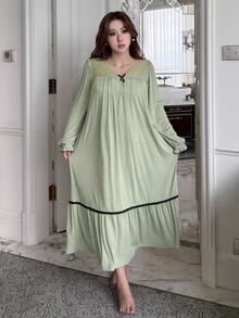 Dazy Plus Contrast Lace Bow Decor Loose Mid-Length Loungewear Nightgown For Spring Summer Autumn - Mint Green - View 8