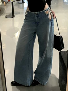 DAZY Women's Bow Hollow-Out Korean Style Rhinestone Loose Distressed Denim Shorts - Blue - View 3