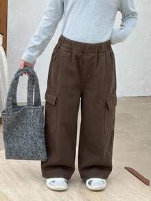 DAZY Young Girl) Loose Straight Leg Casual Cargo Pocket Basic Denim Jeans, Autumn/Winter - Brown - View 3