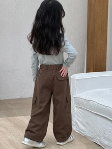 DAZY Young Girl) Loose Straight Leg Casual Cargo Pocket Basic Denim Jeans, Autumn/Winter - Brown - View 2