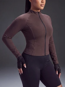 Powerista Women's Plus Size Fitted Stand Collar Long Sleeve Sports Sweatshirt Jacket Fall - Brown - View 6