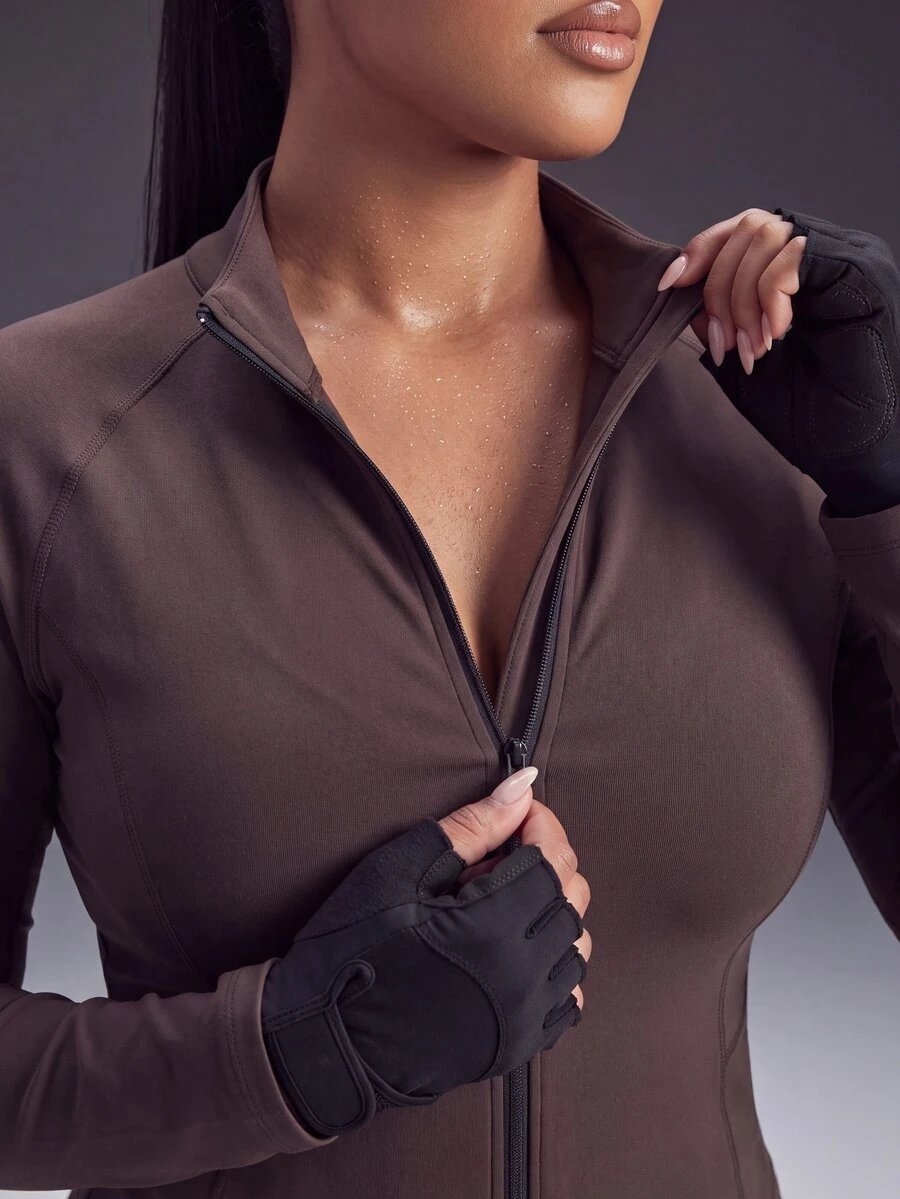 Powerista Women's Plus Size Fitted Stand Collar Long Sleeve Sports Sweatshirt Jacket Fall - Brown - View 1