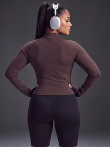 Powerista Women's Plus Size Fitted Stand Collar Long Sleeve Sports Sweatshirt Jacket Fall - Brown - View 2