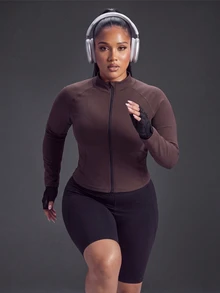 Powerista Women's Plus Size Fitted Stand Collar Long Sleeve Sports Sweatshirt Jacket Fall - Brown - View 4