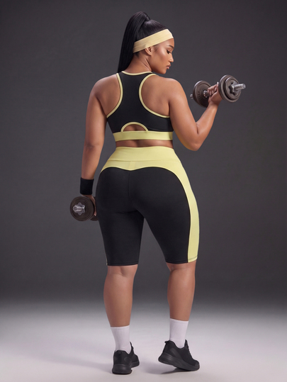Powerista Women's Plus Size Colorblock Cropped Bra And High Waist Leggings Casual Daily Sports Set Gym Workout Fitness Running Going Out Training  Yellow