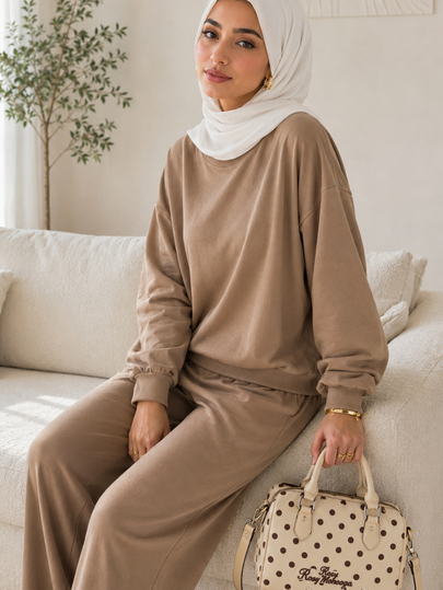 Solavon Women's Casual Versatile Khaki Set: Long-Sleeve Knit Sweatshirt (33% Cotton) & Comfortable Pants