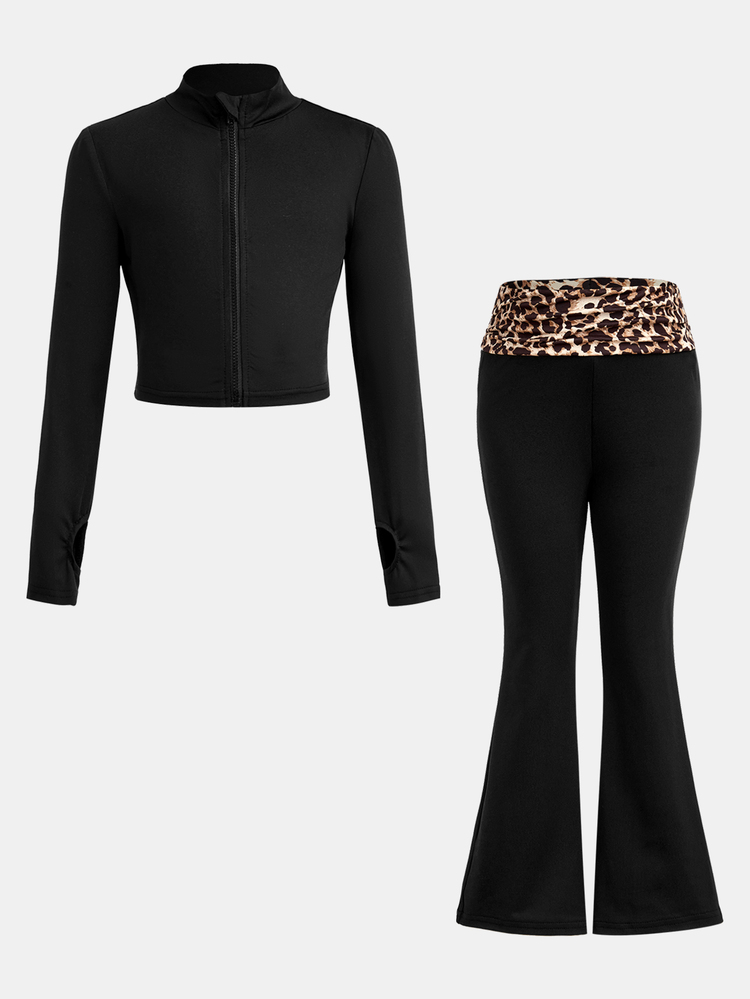 Kids Young Girl New Autumn/Winter Casual Daily Knit Pure Black Cardigan Jacket, Decorated With Leopard Print, Suitable For Back To School Season - Black - View 7