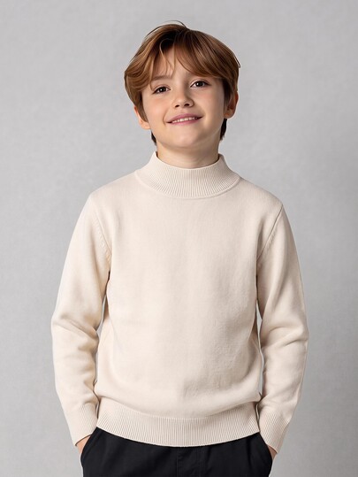 SHEIN Little Byeori Kids 1pc Young Boys Casual College Style Comfortable Solid Color Versatile Loose Fit Pullover Fleece Lined Autumn Sweater, As Base Layer Or Outerwear