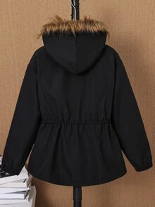 SHEIN 兒童青少年男孩休閒日常百搭舒適複合抓絨內裡連帽寬鬆加厚梭織夾克，適合通勤、上學、日常休閒、大學、旅行、運動，秋冬款 - 黑色 - 查看 5