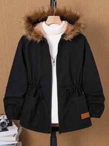 SHEIN 兒童青少年男孩休閒日常百搭舒適複合抓絨內裡連帽寬鬆加厚梭織夾克，適合通勤、上學、日常休閒、大學、旅行、運動，秋冬款 - 黑色 - 查看 4