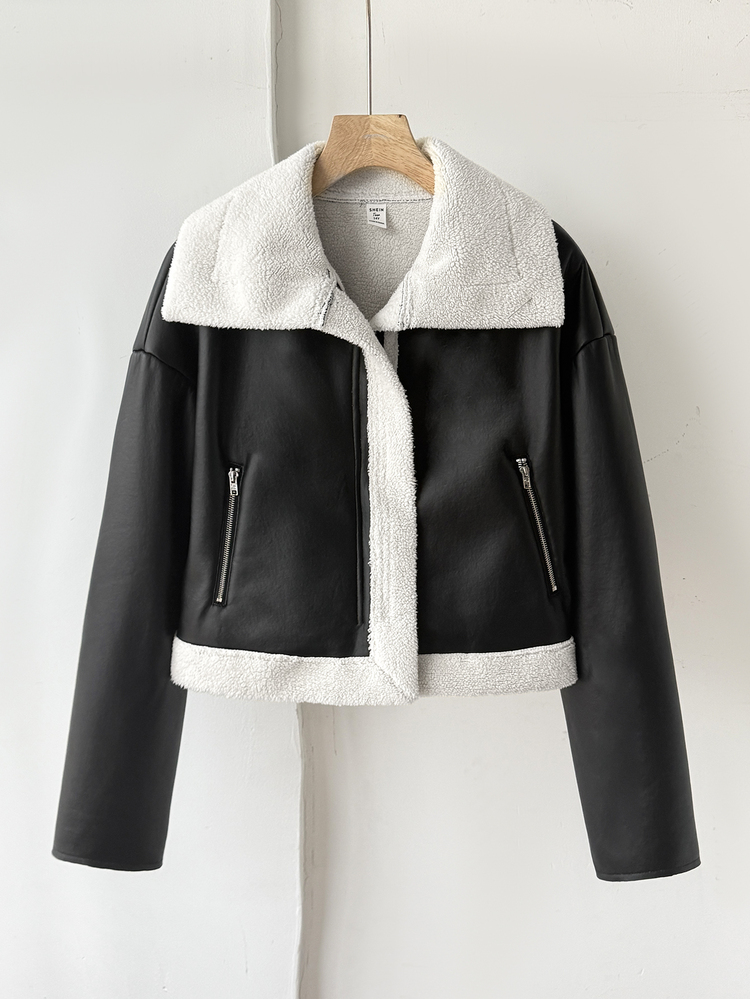 SHEIN Teen Girl Autumn/Winter Street Style PU Composite Thermal Lined Contrast Color Lapel Motorcycle Jacket, Suitable For Autumn/Winter, Daily Wear - Black - View 2