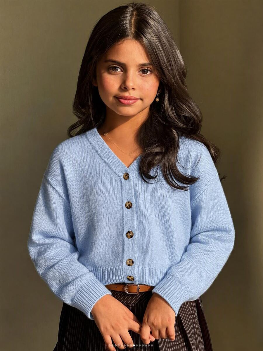 SHEIN Tween Girl Fashion Casual Kids Autumn/Winter Knit Solid Color V-Neck Cardigan - Blue - View 1