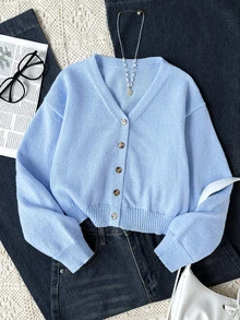 SHEIN Tween Girl Fashion Casual Kids Autumn/Winter Knit Solid Color V-Neck Cardigan - Blue - View 4