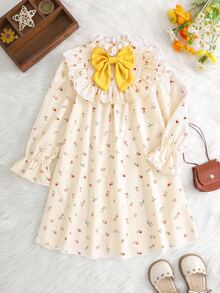 Emery Rose Kids 女童少女可愛度假休閒杏色格紋蝴蝶結長袖寬鬆洋裝，秋季花卉洋裝，校園、返校、學校 - 棕色 - 查看 4