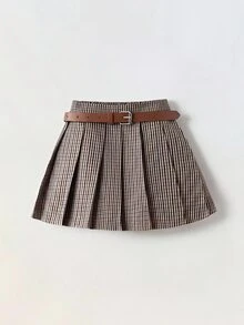 SHEIN 少女時尚格紋百褶迷你裙，校園風 - 卡其色 - 查看 3