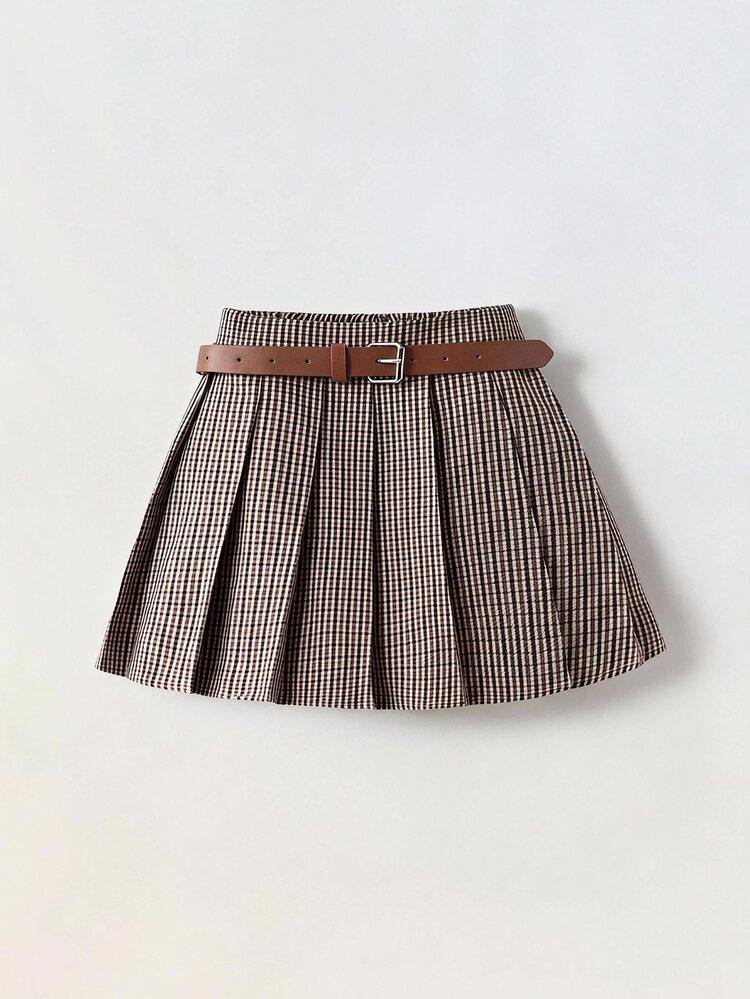 SHEIN Young Girl Young Girl Young Girl Fashion Plaid Pleated Mini Skirt, School Style - Khaki - View 3