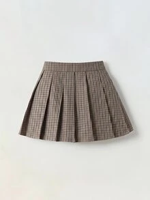 SHEIN 少女時尚格紋百褶迷你裙，校園風 - 卡其色 - 查看 9