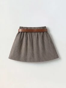 SHEIN 少女時尚格紋百褶迷你裙，校園風 - 卡其色 - 查看 4