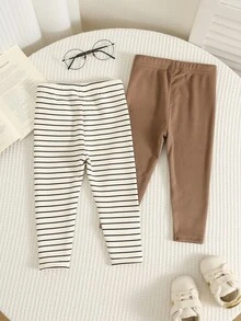 SHEIN 男女嬰兒/幼兒 2件組 秋冬加厚抓絨高彈力純色與條紋打底褲 多件裝 嬰兒冬季下裝 緊身褲 - 棕色 - 查看 2