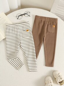 SHEIN 男女嬰兒/幼兒 2件組 秋冬加厚抓絨高彈力純色與條紋打底褲 多件裝 嬰兒冬季下裝 緊身褲 - 棕色 - 查看 7