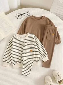 SHEIN 男女嬰兒/幼兒 2件組 秋冬加厚抓絨高彈力純色與條紋打底褲 多件裝 嬰兒冬季下裝 緊身褲 - 棕色 - 查看 1