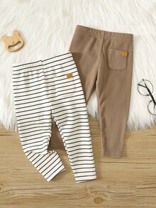 SHEIN 男女嬰兒/幼兒 2件組 秋冬加厚抓絨高彈力純色與條紋打底褲 多件裝 嬰兒冬季下裝 緊身褲 - 棕色 - 查看 3