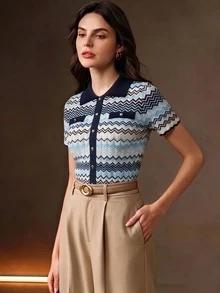 Anewsta 現代復古風多色拼接精緻鈕扣短袖女款針織衫 夏季女裝優雅女式襯衫時尚上衣度假穿搭 - 藍色 - 查看 3