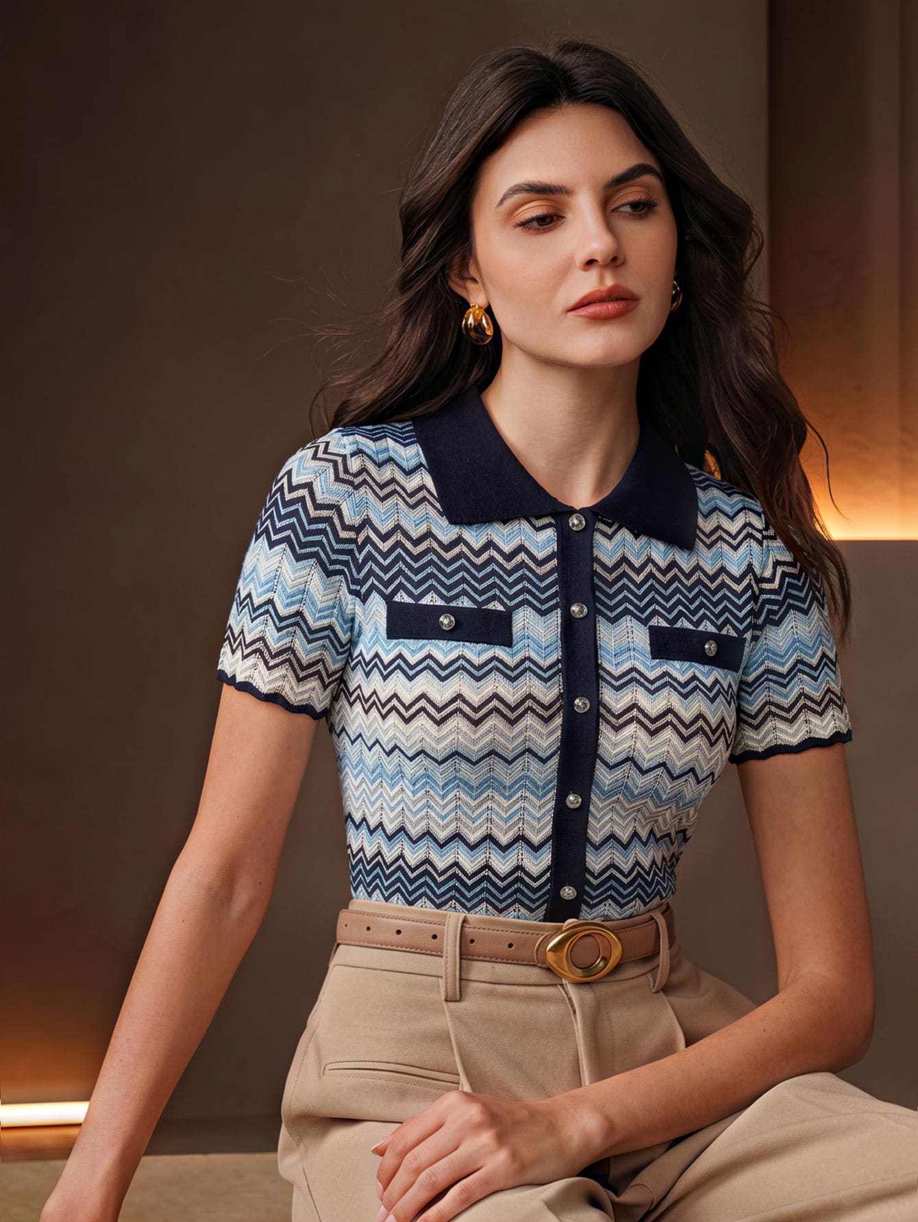 Anewsta Suéter de mujer de manga corta con botones exquisitos y patchwork multicolor de estilo retro moderno