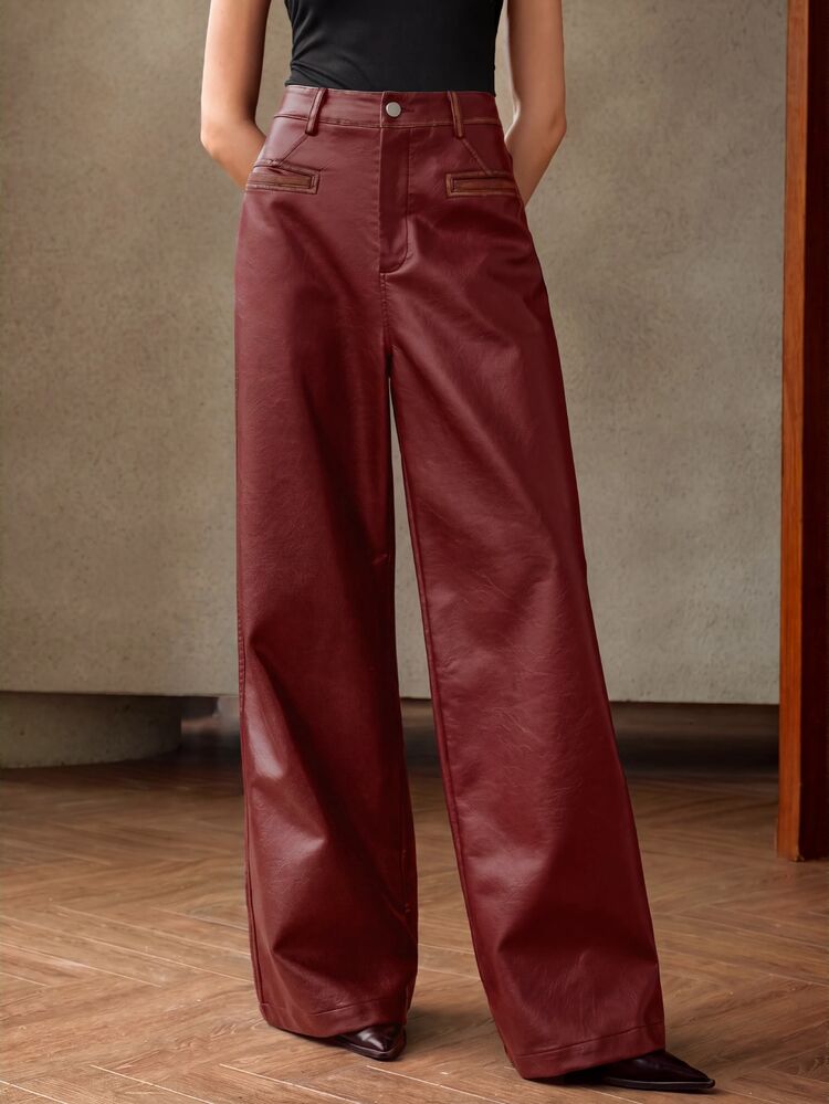 Anewsta Essential Women's Solid Color Casual Versatile Daily Travel Long Pants - Burgundy - View 3