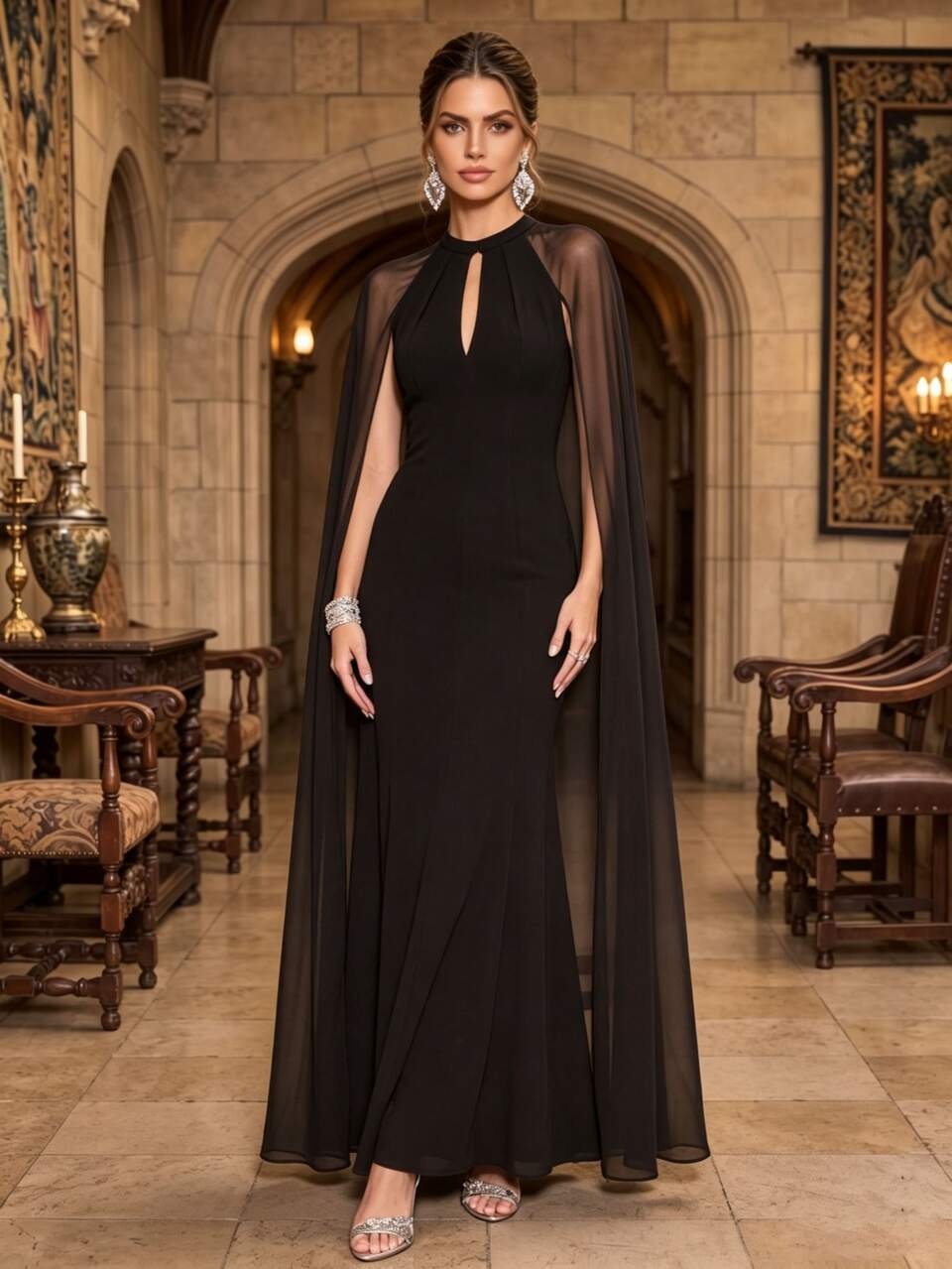 Anewsta New Autumn Black Halter Neck Stand Collar Cape-Style Fishtail Evening Gown, Women's One-Piece Chiffon Cape Slim Fit Floor-Length Banquet Annual Meeting Hostess Long Dress, Suitable For Company Annual Meeting, Evening Party, Cocktail Party, High-End Party, Christmas Party