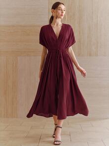 Anewsta Essential 女款秋冬新款亞麻紅色優雅深V領蝙蝠袖收腰百褶繫帶前襟大裙擺洋裝，適合日常穿著、派對、聚會、度假 - 紅色 - 查看 4