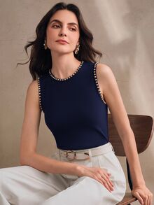 Anewsta Essential 女款優雅休閒深藍色鉚釘圓領背心，適合派對、夜店、生日場合 - 藏蓝色 - 查看 3